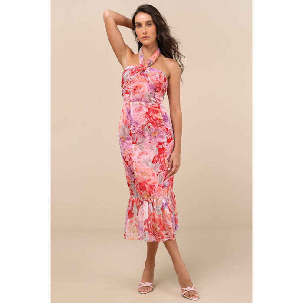 Lulus Juno Red Multi Floral Halter Trumpet Midi Dress - Size XL